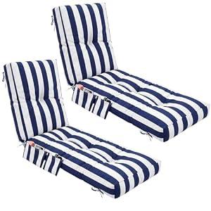 Kigley Outdoor Chaise Lounge Cushions with Side Pocket 76x22x6 Thick Tufted Waterproof Patio Pool Lounge Chair Replacement Cushion Fade Resistant Cushion for Furniture Lawn(2 Pcs,Blue White,Striped)