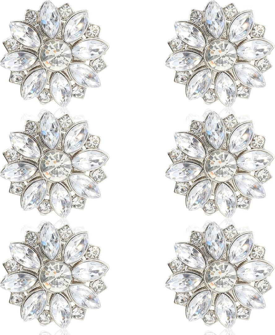 6Pcs Rhinestone Button Covers, 1.12" Diameter Silver Floral Design Rhinestone Buttons Snap On, Sparkling Button Covers for Women to Refresh Shirts Blouses Dresses Coats