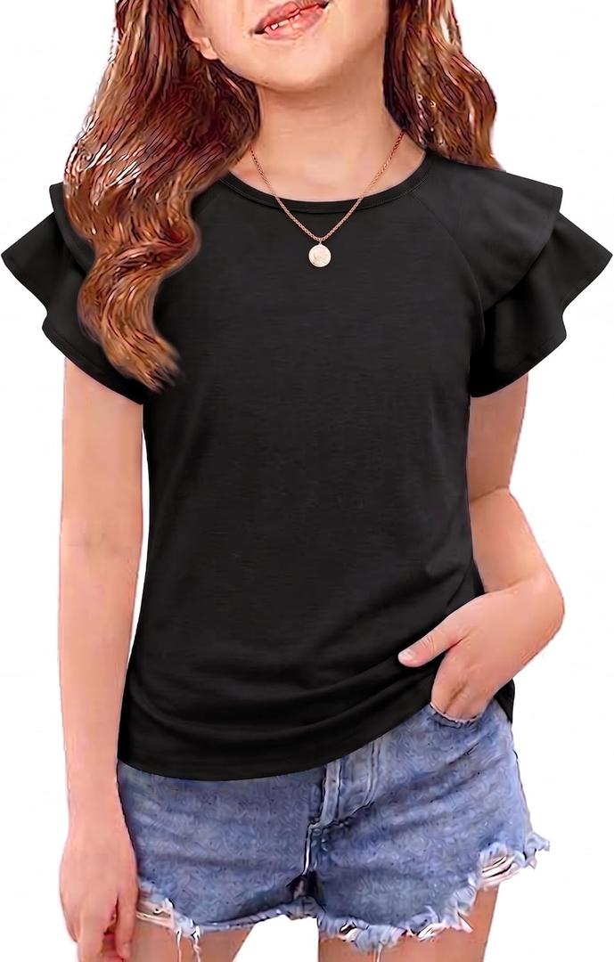 Girls T Shirts Ruffle Short Sleeve Round Neck Loose Blouse Summer Solid Color Casual Girl Tee Tops for 3-12 Years (Black)