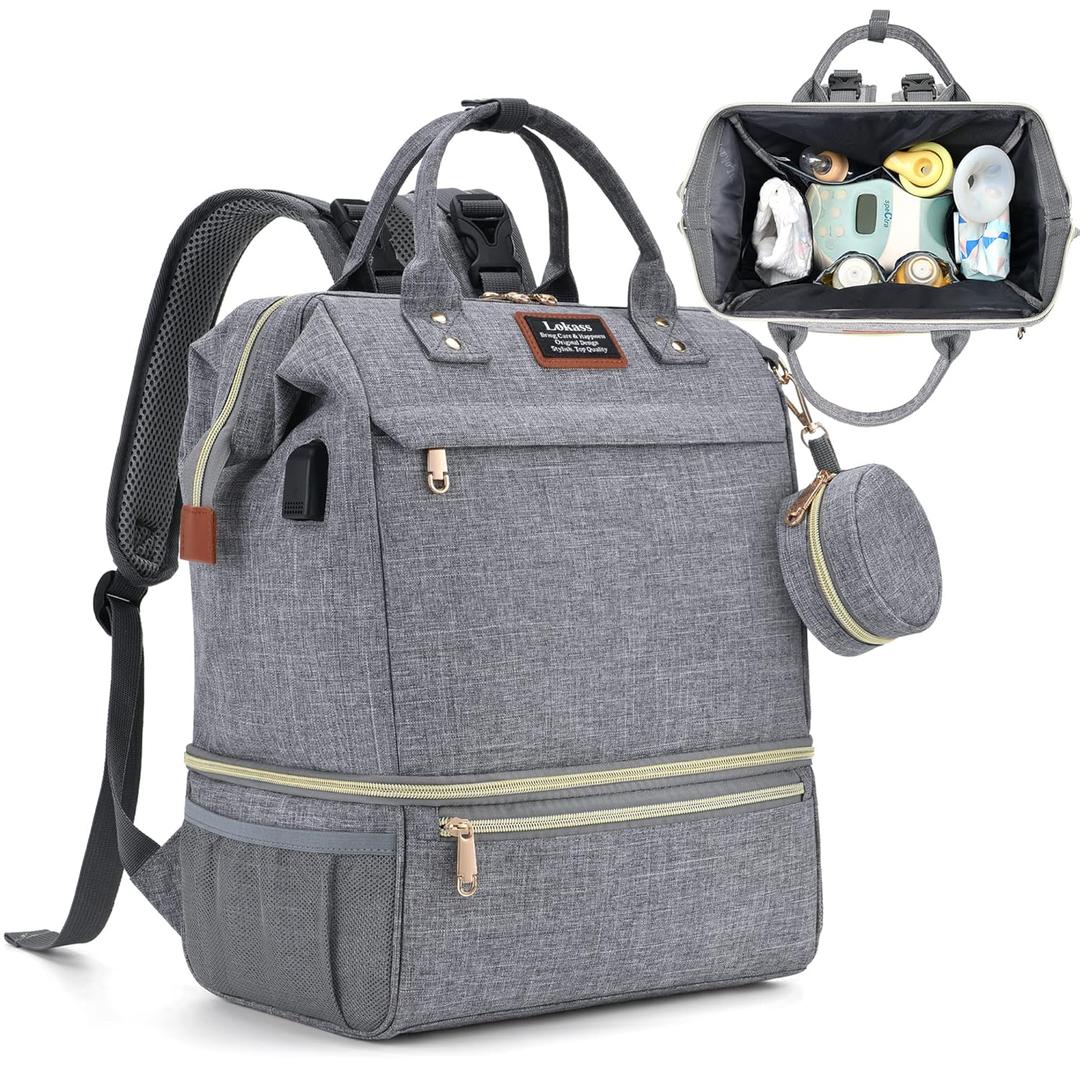 Breast Pump Backpack with Pacifier Case, Cooler & Moistureproof Diaper Bag Backpack Tote Bag with USB Charging Port & Headphone, Double Layer Stroller Straps Multipurpose Backpack for Working Mothers (Grey)