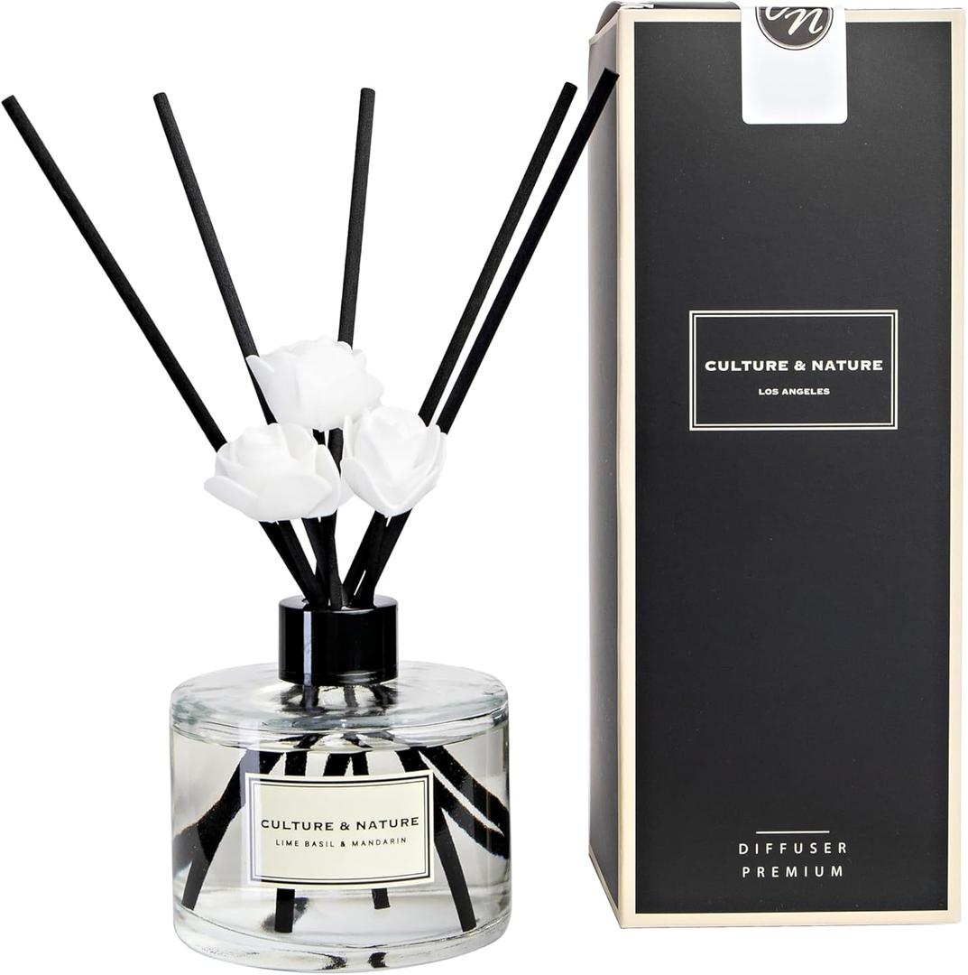 CULTURE & NATURE Reed Diffuser Set 6.7oz (200ml) Lime Basil Mandarin Scented Diffuser with Sticks Home Fragrance Reed Diffuser for Bathroom Shelf Decor