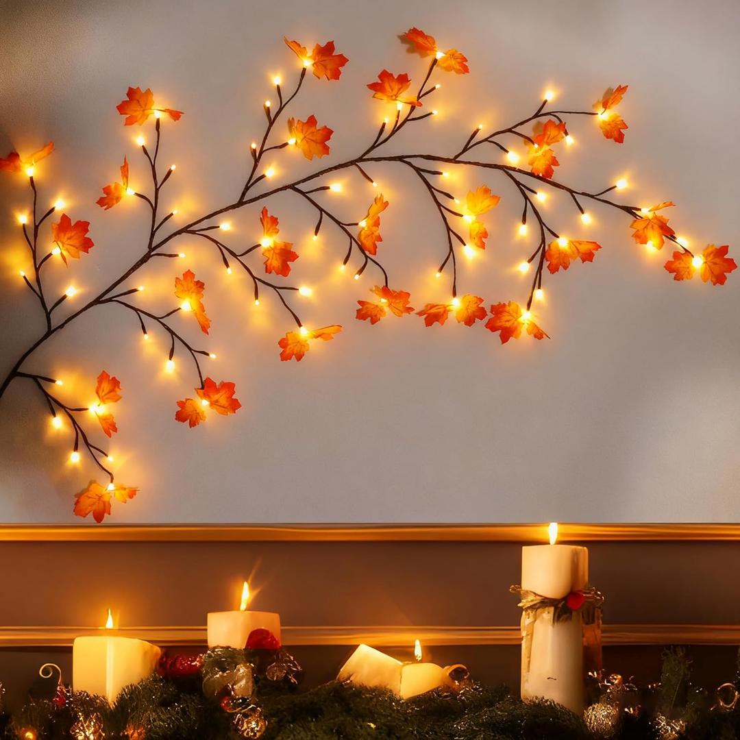 Fall Garland with Lights Thanksgiving Garland 8 Lighting Modes 5.25ft 72 LED Fall Leaves Garland for Thanksgiving Decor