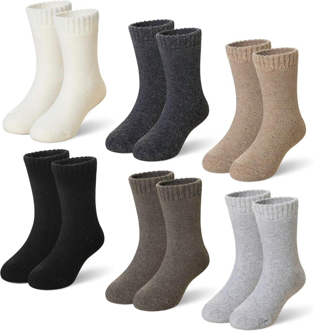 Eyean Kids Merino Wool Socks Boys Girls Thermal Winter Hiking Warm Thick Boot Cozy Toddler Crew Socks 6 Pairs (8-12 Years, Solid Color)