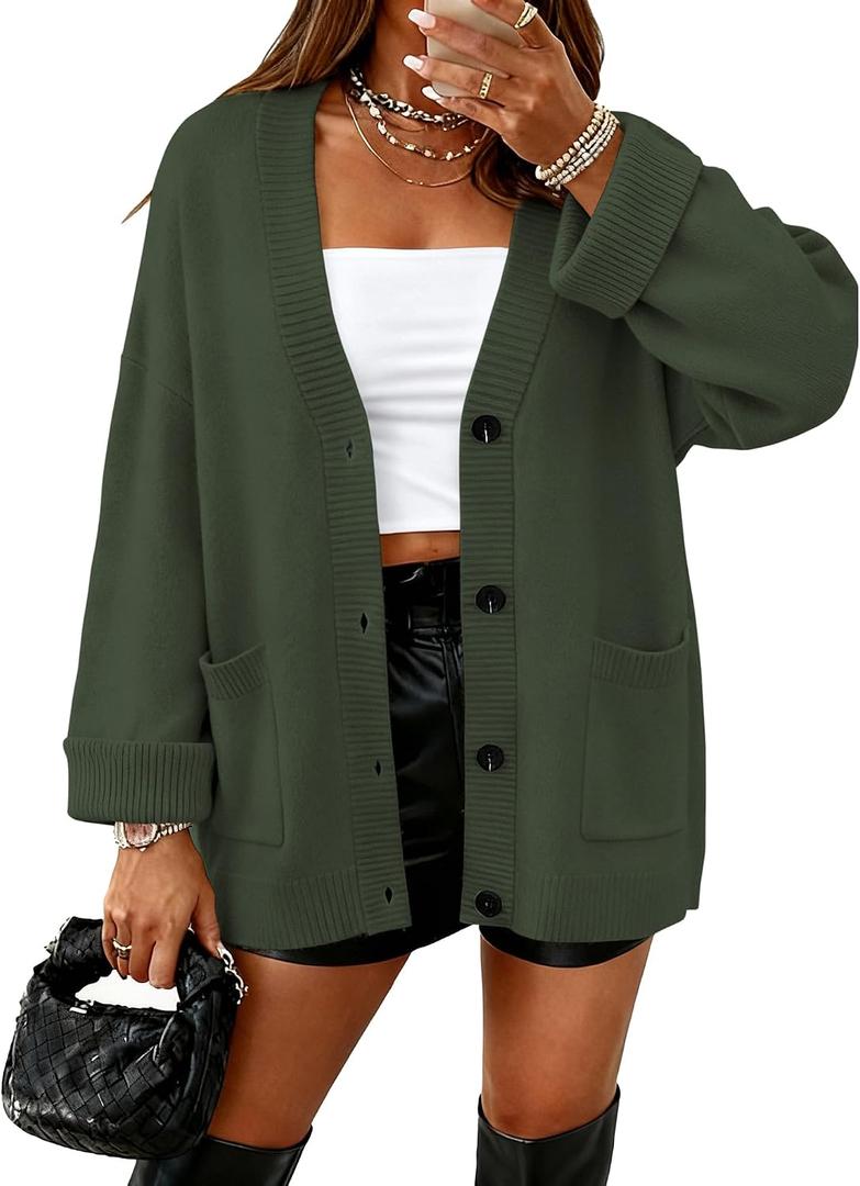 BTFBM Oversized Cardigan Sweaters for Women Trendy Fall Fashion 2025 Button Down Long Sleeve Chunky Knit Cardigans (Green, S)