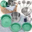 Kids Play Kitchen Toy Accessories Set Toddler Cooking Playset Colorful Stainless Steel Pots and Pans Birthday Gifts for 3+ Girls Boys (New Green)