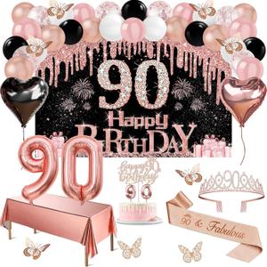 90th Birthday Decorations for Women, 49pcs Black Rose Gold Black Happy 90th Birthday Banner, Tablecloth, Butterfly Decor, Sash and Tiara, Cake Topper, Candles, Balloons Arch