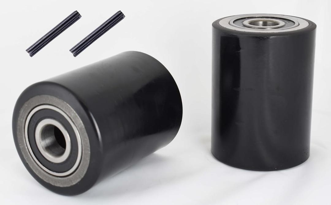 Pallet Jack/Truck Load Wheels Set with Entry Exit Roller (4 pcs) 2.75" x 3.75" with Bearings ID 20mm Poly Tread Black