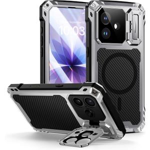Lanhiem Magnetic for iPhone 17 Metal Case, [Built-in Camera & Kickstand] Compatible with MagSafe, Heavy Duty Rugged Full Body Military Protective Cover with 9H Glass Screen Protector, 6.3", Silver