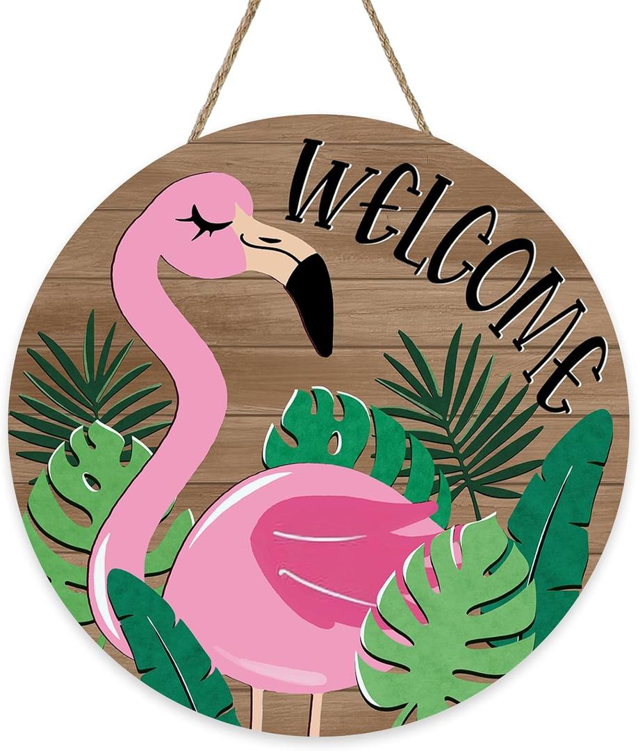 Welcome Tropical Flamingo Front Door Sign, Monstera Palm Leaves Wood Hanger Outdoor Outside Porch Home Decor, Summer Hawaii Farmhouse Rustic Wooden Wreath Indoor Wall Hanging Decoration