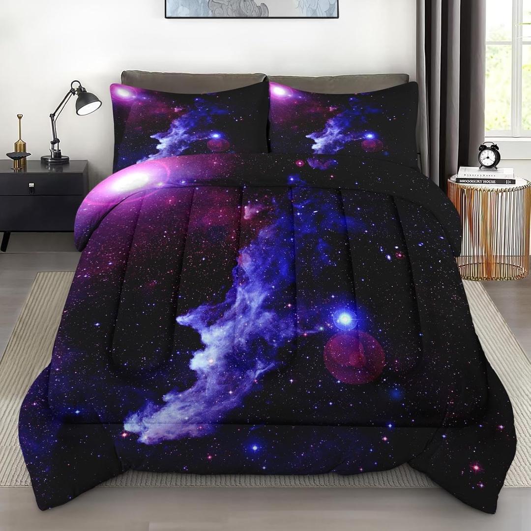 Twin Size Bedroom Comforter Set with 1 Pillowcase, Purple Blue Outer Space Galaxy Planet Themed, Bedding Decor Universe Sun Nebula Starry Night Sky Soft Cozy Bed Set for Kids and Adults