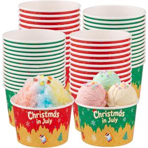FoldTier 50 Pack Summer Christmas Ice Cream Paper Cups, 8oz Dessert Disposable Bowls, Xmas Summer Party Snack Bowls Xmas Santa Decoration for Beverage Sundae Yogurt Soup Party Supplies