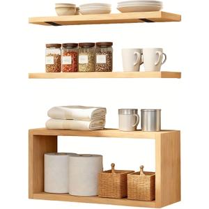 Wall Mounted Floating Shelf, c Long for Bedroom Living Room Kitchen Staircase Bathroom Above Toilet Wall Decoration Book Storage Room Decoration (3piece Set) Natural Wood Color