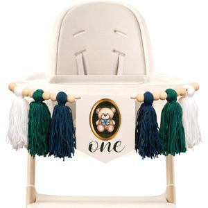 Bear 1st Birthday High Chair Banner - Jungle Wild One Handmade 1st Birth Highchair Banner,First Birthday Party Banner,Green Fringe Wood Bead Highchair Wreath,Wall Hangings Decorative for Photo Props,Kids Bedroom