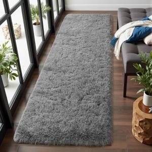 Macgace Fluffy Runner Rug, 2x6 Grey Washable Hallway Area Rugs for Bedroom Living Room Kitchen Laundry, Long Shag Rug with Non Slip Rubber Backing Fuzzy Entryway Carpet Modern Home Decor