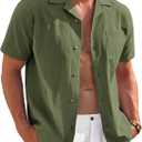 COOFANDY Mens Casual Cotton Linen Shirt Short Sleeve Button Up Shirts Summer Beach Top (3X-Large, Army Green)