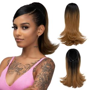 Short Drawstring Ponytail Hair Extension for Black Women 14 Inch Straight Ponytail with End Curls Synthetic Fake Hairpieces Golden Auburn with Black Root