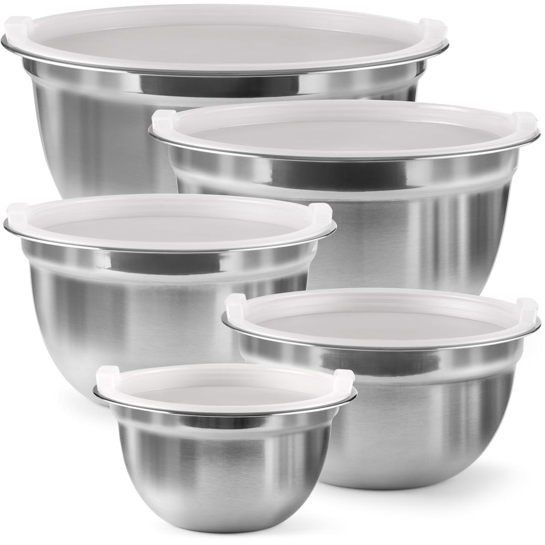 FineDine Stainless Steel Mixing Bowls Set with Lids, Home Kitchen Cooking Essentials Household Must Haves for Baking, 5 Pieces