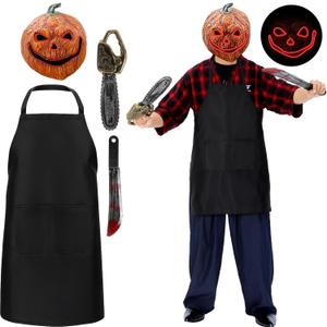 4 Pcs Halloween Butcher Costumes Set with Pumpkin Head Mask Butcher Apron Chainsaw Machete Cleaver for Cosplay