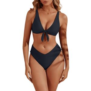 geluboao Bikini Sets for Women High Waisted Two Piece Swimsuit Sexy V Neck Tie Kont Push Up High Cut Bathing Suit (Medium, Black)