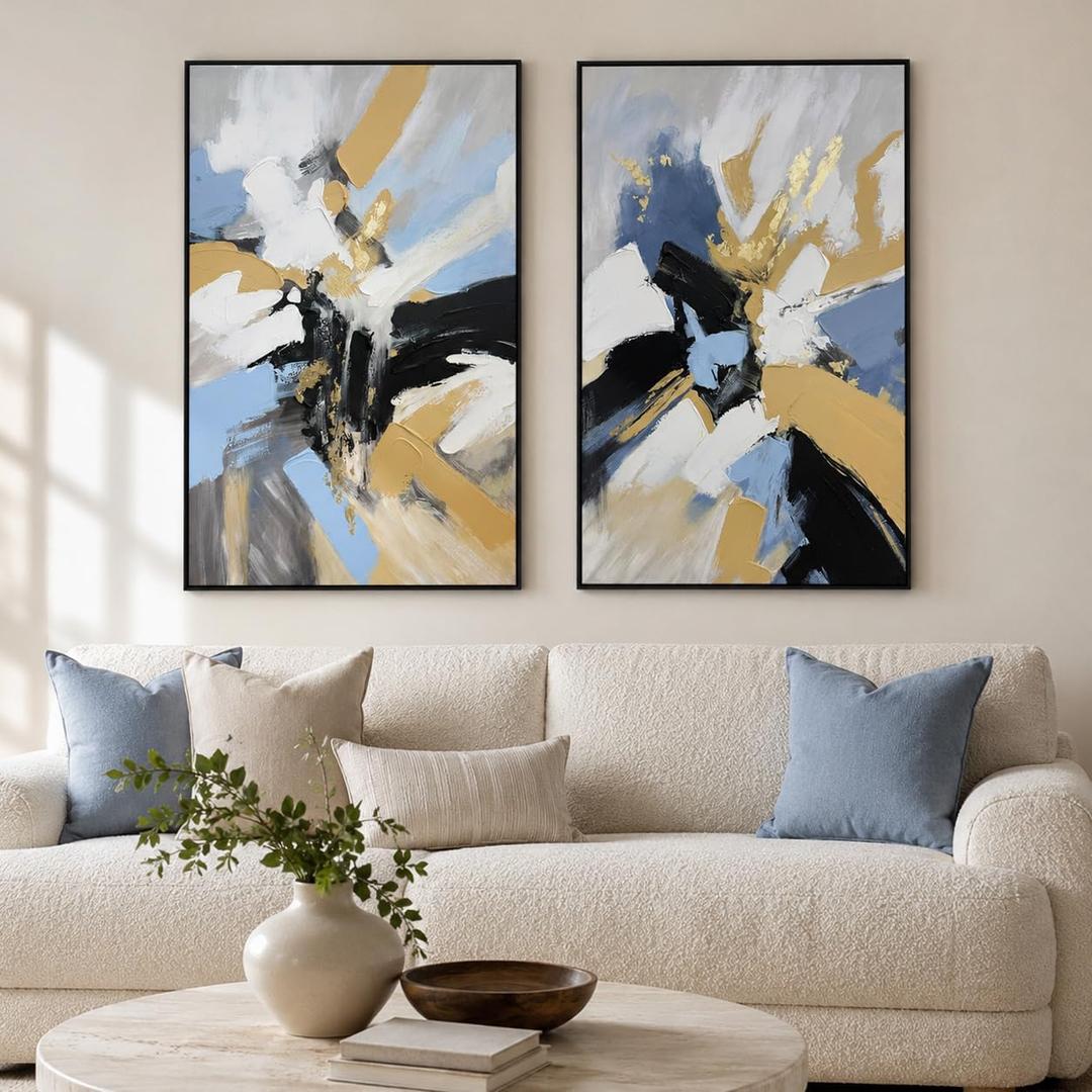 SAFERRYHOME Abstract Hand Painted Wall Art, Blue White, 24"x36"x2 Framed, 24"x36"x2 Panels