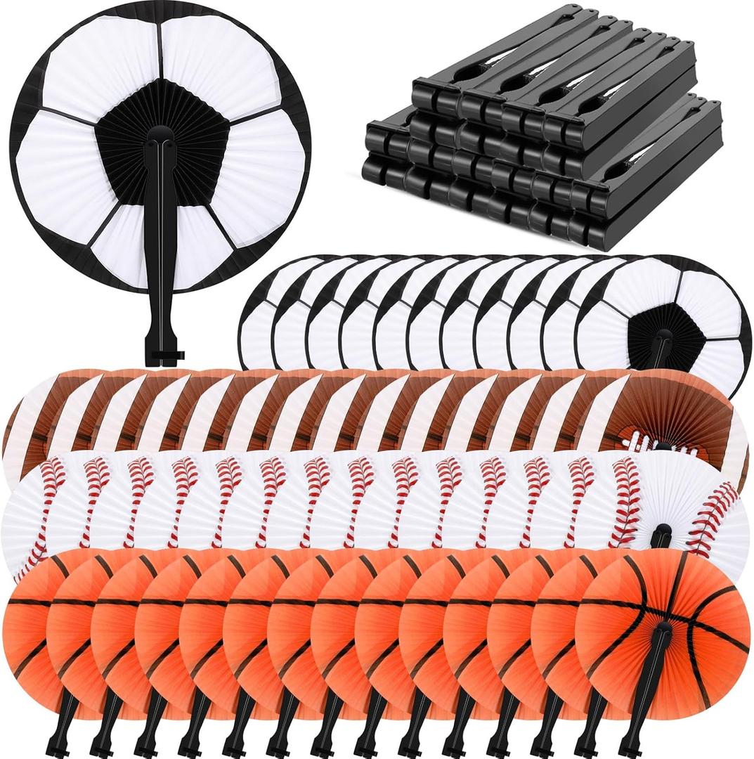 Taiyin 48 Pcs Sports Football Baseball Basketball Soccer Fans Paper Hand Fans Sports Themed Party Decorations for Birthday Shower Summer Holiday DIY Decor