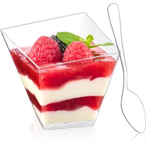 Zezzxu 4 oz Slanted Irregular Dessert Cups with Spoons, 50 Pack Mini Appetizer Cups Small Plastic Party Serving Cups for Ice Creams Mousses Puddings Parfaits Triffles