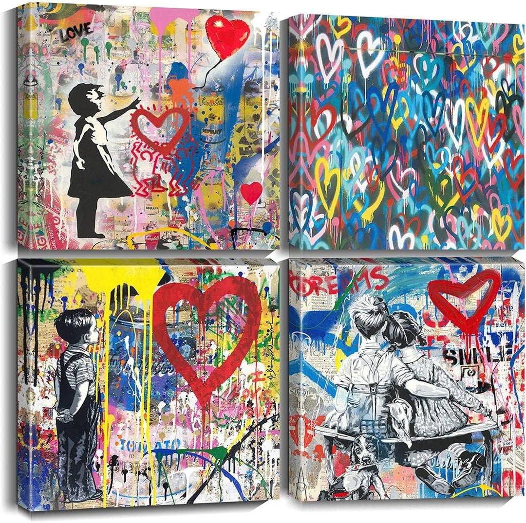 Biufo Banksy Canvas Wall Art Prints Pop Graffiti Street Art Pictures for Bedroom Living Room Wall Decor (12"x12"x4Pcs) (Blue)