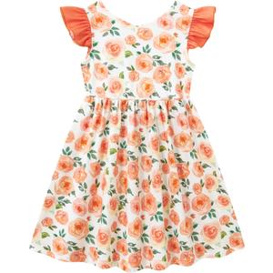 Orange Flower Dress for Toddlers Girl 3 4 Year Old Kids Ruffle Short Sleeve Dresses 3t 4t Little Girls Cute 3D Printed Floral Back Bow Frock Size 3-4