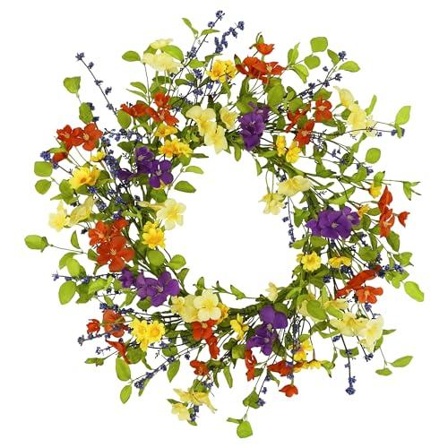 YNYLCHMX 18" Spring Summer Wreaths for Front Door, Artificial Floral Wreath with Colorful Wild Flowers Dicotyledons Berries, Green Foliage Wreath for Wall Window Farmhouse Party Holiday Home Decor
