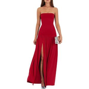 LAGSHIAN Women's Summer Strapless Flowy Maxi Dress Tube Bodycon Split A Line Long Party Dresses M