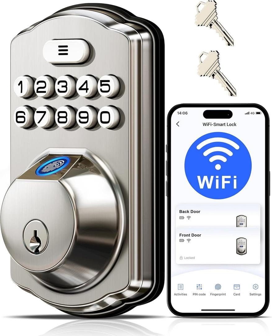 Veise VE012W Built-in WiFi Fingerprint Smart Lock, App Remote Control, Compatible with Alexa & Google Assistant, Keyless Entry for Front Door, Digital Keypad Deadbolt, Auto Lock, Satin Nickel