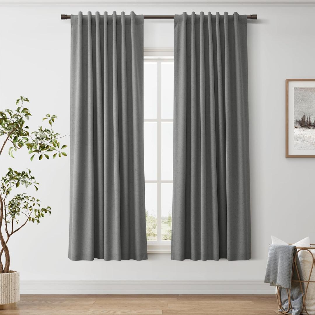 Joywell Dark Grey Linen Blackout Curtains 72 inch Long Room Darkening Curtains for Bedroom Living Room Back Tab Black Out Drapes for Nursery Thermal Insulated Sliding Door Curtain 52x72,Gray