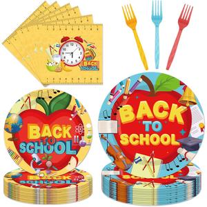 EUOYUFO 96 Pcs Back to School Decoration Disposable Tableware Set - Cartoon Back to School Apples Pencils Clock Paper Plates Napkins Forks First Day of School Theme Party Supplies Serve 24 Guests