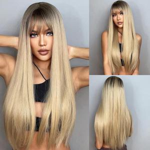 Blonde Wig With Bangs Long Straight Blonde Wigs for Women 30 Inch Ombre Wig Dirty Blonde Wig Natural Hair Wigs Cosplay Synthetic Wig Heat Resistant Fiber Hair Replacement Wigs for Daily Party Use