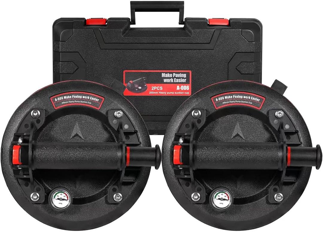 Glass Suction Cups 8-inch Heavy Duty Hand-held Glass Lifter 600LBS Load Capacity Powerful Industrial Suction Cups with Pressure Gauge for Ttransport Glass Window Tile with Carry Box (2pc with Barometer)