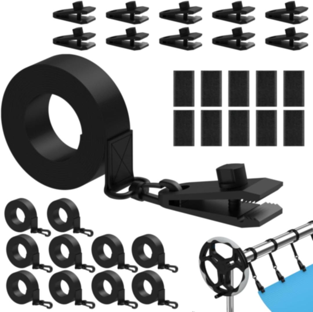 2 x Goovilla 30 Pcs Pool Solar Cover Reel Attachment Kit, Inground Swimming Pool Solar Cover Straps and Clips, Weather Resistant Solar Blanket 10 Strap Kit with 10 Hooks and 10 Touch Fastener, Black