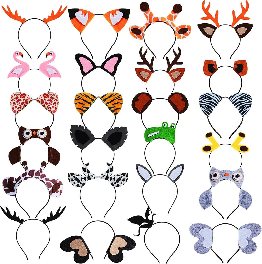 Xinnun 24 Pcs Jungle Animal Headbands Safari Party Favors Birthday Decorations Animal Ears Photo Booth Props for Kids Adults Cosplay Birthday Party Favors Supplies