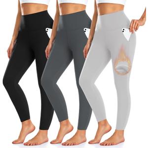 3 Pack Fleece Lined Leggings Women with Pockets -Warm Winter Yoga Pants for Women Thermal Running Workout Leggings (Small-Medium, Black/Grey/Light Grey)