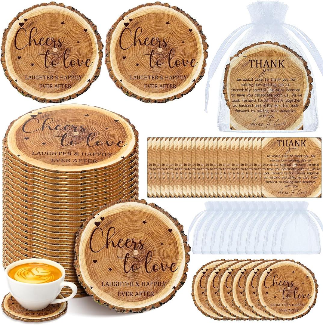 Hushee 50 Sets Wedding Favors for Guests Cheers to Love Round Cork Coasters Bulk with Thank You Cards and Bags for Wedding Party Favors Souvenirs Supplies Decoration (Classic)