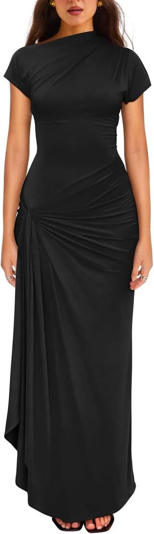 YMDUCH Women's Casual Short Sleeve Boat Neck Ruched High Split Bodycon Long Party Dress (Black)