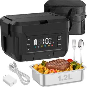Cordless Electric Lunch Box for Adults  1.2L Stainless Steel Self-Heating Lunch Box with 20000mAh Removable Rechargeable Battery, Portable Heated Food Warmer for Work, Travel & Office(BK) (Black)