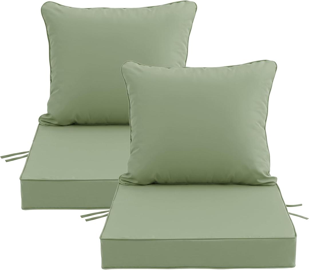 24x24 Inch Outdoor Chair Cushions Set of 2, Patio Furniture Cushions - Removable Cover, Water-Repellent, Fade-Resistant, Non-Slip Bottom & Straps, Replacement for Deep Seat Sofa & Couch - Sage Green