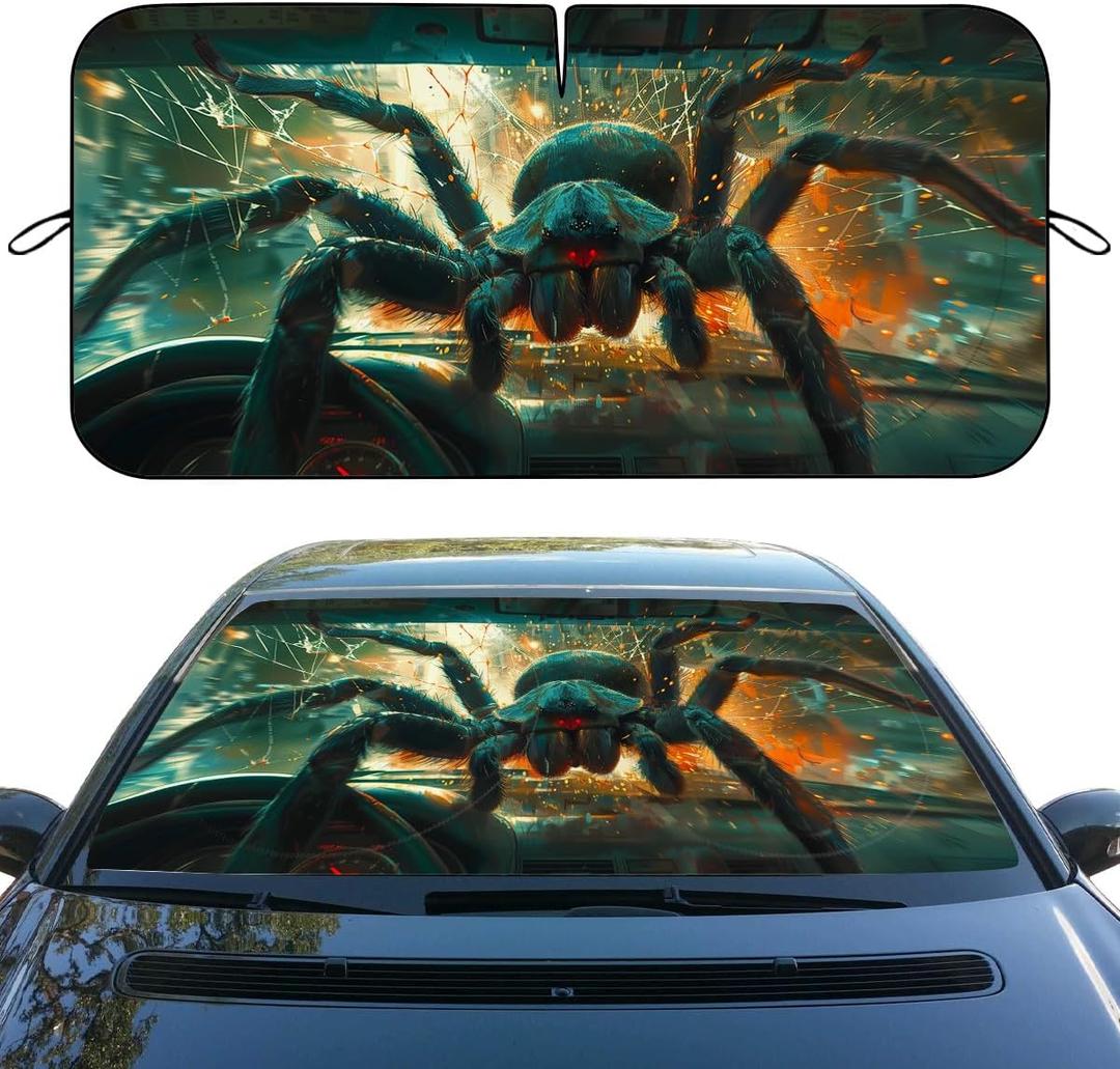 Horror Car Windshield Sunshades Giant Spider Breaking Through Windshield Front Window Sun Shade Blocks UV Rays Sun Visor Protector for Car Sedan Truck SUV Accessories 59" L x 31.5" W