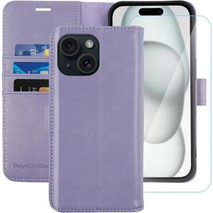 MONASAY Wallet Case Compatible for iPhone 15 5G,[Glass Screen Protector Included] [RFID Blocking] Flip Folio Leather Cell Phone Cover with Credit Card Holder, 6.1-inch, Lavenders