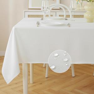 JIALE Rectangle Table Cloth, Waterproof Stain Resistant Tablecloth, Wrinkle Free Farmhouse Dining Table Cover, Soft Fabric Table Cloths for Dinner/Party/Holiday, 52 X 70 Inch, White