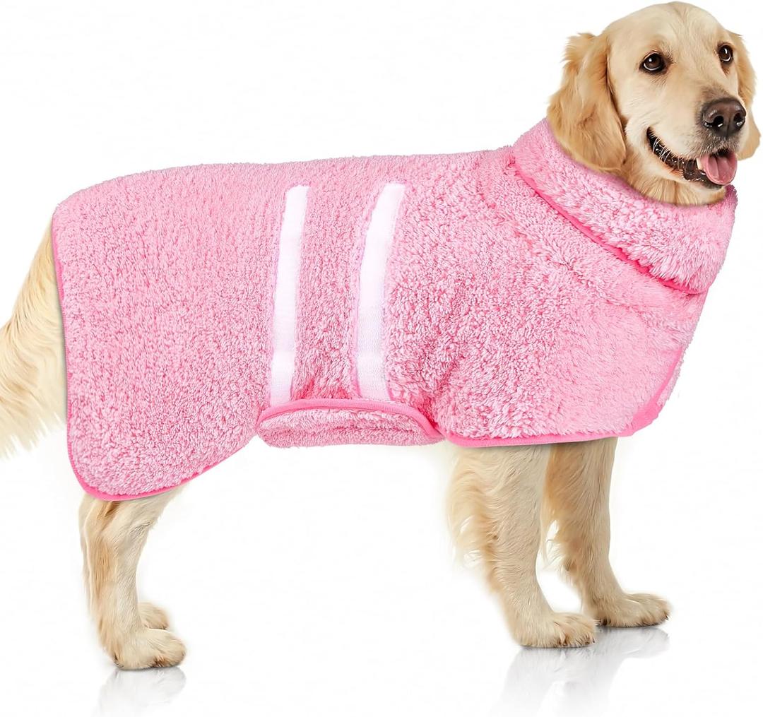 Dog Bathrobe Super Absorbent Dog Towels Large Quick Drying Robes for After Bath Soft Adjustable Warm Keeping Dogs Towel(S-XXL) (Pink)