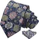 Alizeal Mens Colorful Large Bloom Tie and Pocket Square for Party Nights and Weddings (928-navy+pink+yellow)