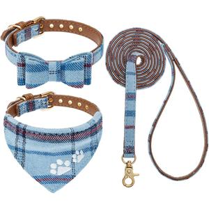 EXPAWLORER Dog Collar and Leash Set - Embroidery Pawprints Plaid Dog Collar and Dog Leash Set, Bow Tie and Bandana Dog Collar, Adorable Collar and Leash for Dogs Cats Outdoor Walking, Blue M