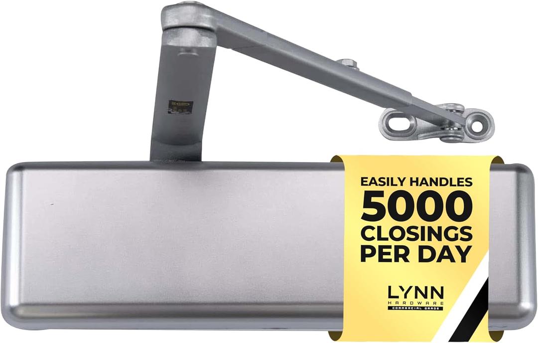 LYNN HARDWARE Extra Heavy Duty Automatic Door Closer (Silver) - Commercial Grade, Contractors Choice, Adjustable Speed, Delayed Closing Timer, 3 Mounting Options, 3 Hour Fire Rated (DC9016 Model) (Aluminum)