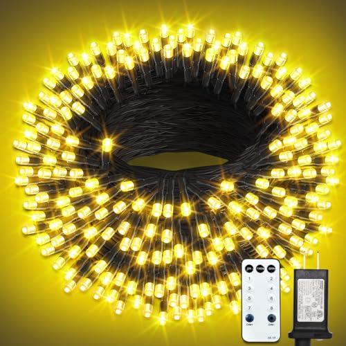 ROSCOO 300 LED String Lights Outdoor, 100FT Warm White Christmas Lights for Outside with Remote, Timer Memory Function, 8 Modes Waterproof Fairy Lights Plug in, for Xmas Tree Bedroom Patio Party